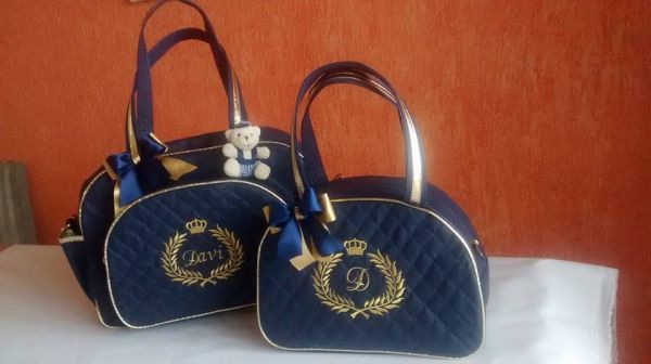 Kit Bolsa Maternidade 2 peças Azul com Dourado